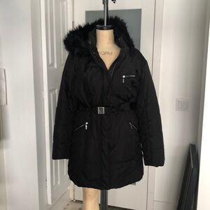 Plus size Quilted nylon puffer with belt and fur trim hood.
